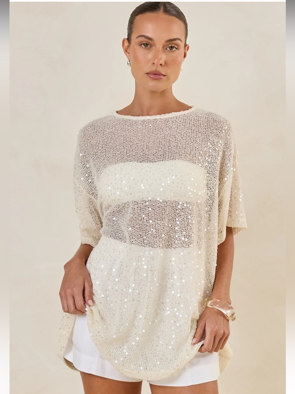 Sequin Sheer Short-Sleeve Top in Cream